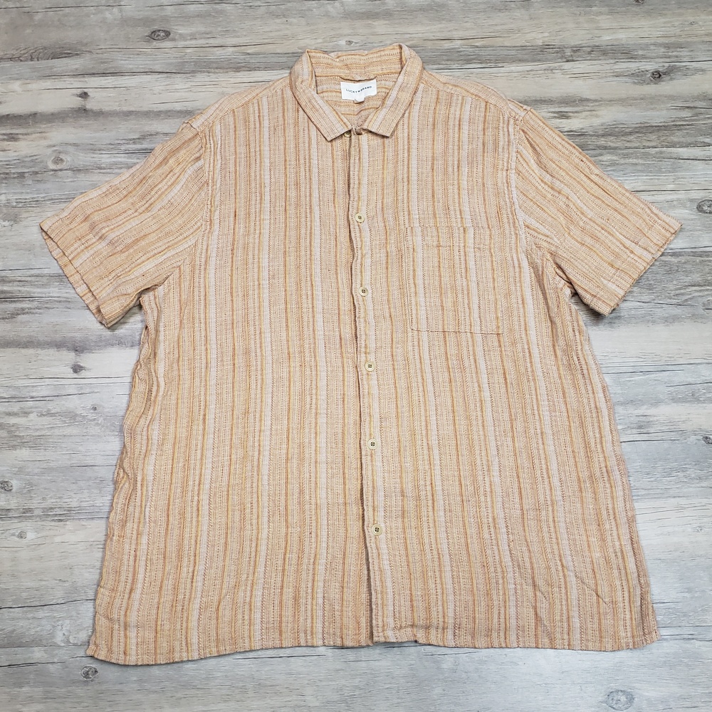 Lucky Brand Shirt Mens Large Beige Stripe Short Sleeve Button Up Lightweight